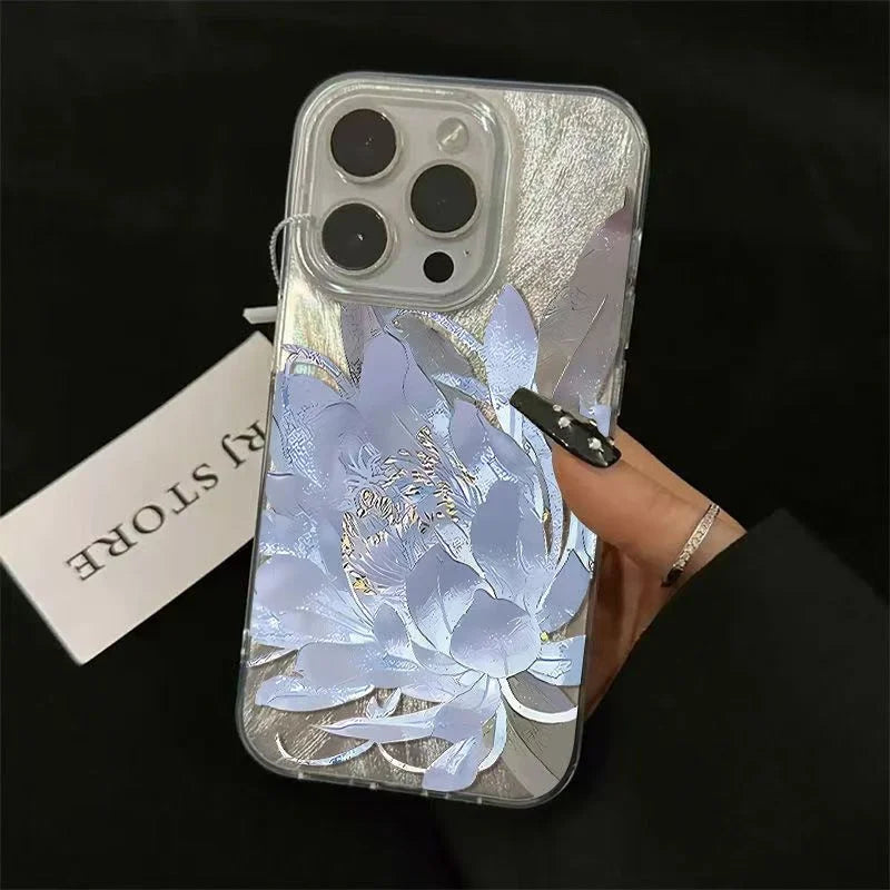 Pink Peony Lotus Print Phone Case for IPhone 16 15 14 13 12 11 17 Air Pro Max 15 Pro 7 8 Plus 16e Shockproof Silver Plated Cover