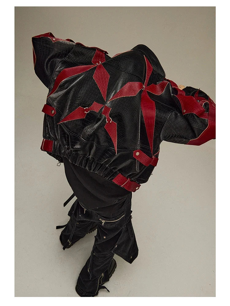 Spring Autumn Cool Handsome Crocodile Print Patchwork Pu Leather Jacket Men Color Block Luxury Designer Clothes 2024
