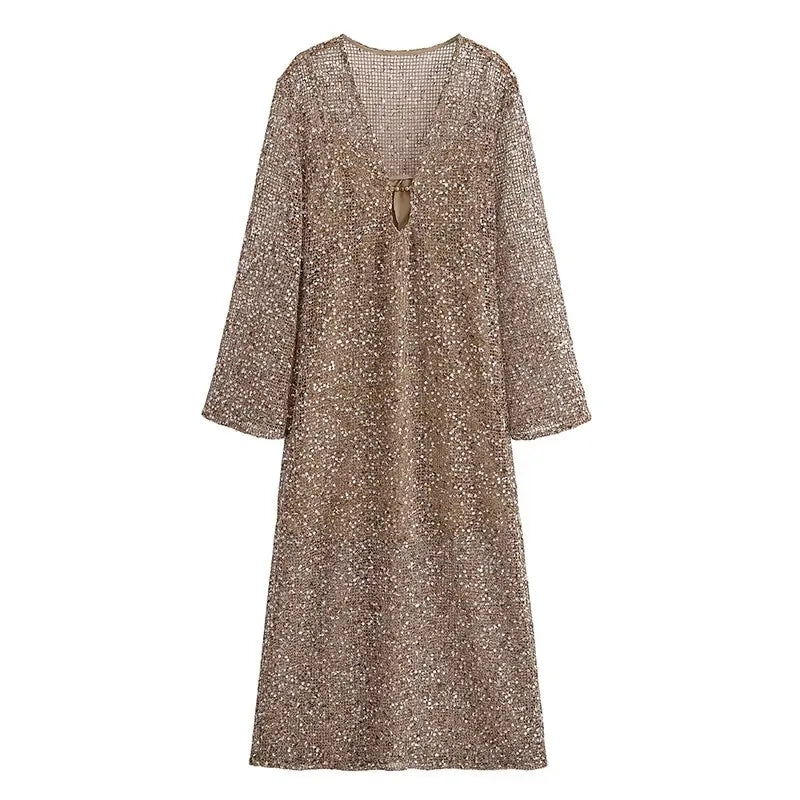 Sexy Sequined Long Pleated Dress Women Deep V-neck Full Sleeve See Through Dresses 2026 Summer Lady Party Evening Dresses ﻿
