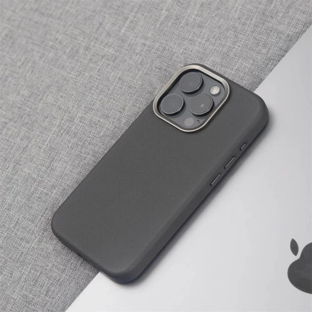 Luxury Alloy Lens Frame Particle PU Leather Magnetic Case For iPhone 17 16 Pro Max 15 14 13 For Magsafe Wireless Charging Cover