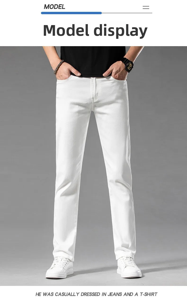 2026 Men White Jeans Fashion Casual Classic Style Slim Fit Soft Trousers Male Brand Advanced Stretch Pants