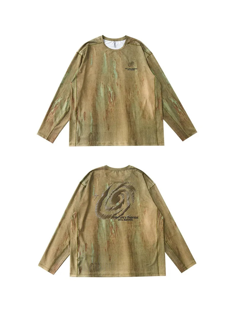 Men's Wasteland Style Long Sleeve T-Shirt - Distressed Digital Print & Loose Elastic Fit Casual Top Unisex
