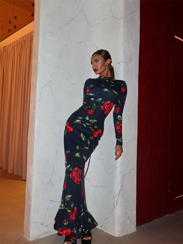 Flower Prints O Neck Women Dresses Sheath Trendy Fashion Elegant Evening Party Outfits Female Bodycon Long Sleeve Robes