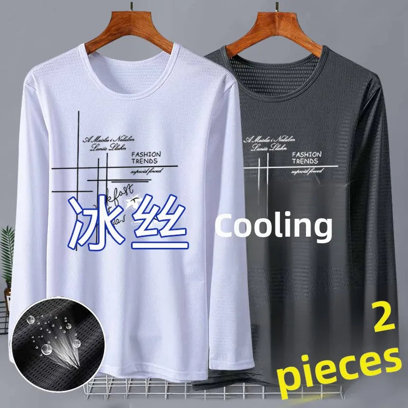 New 2025 Men's Ice Silk Breathable Sun Protection Hollow out Thin Long Sleeve Casual Sports T-Shirt Large Size Loose Fit