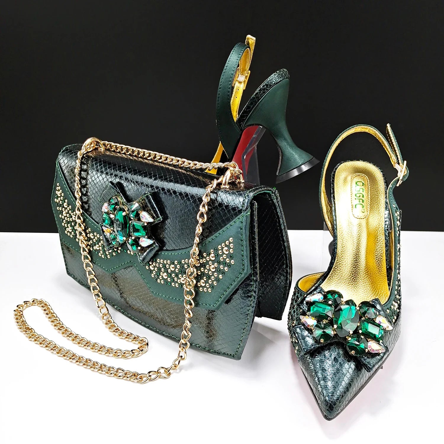 Italian Design Faux Snakeskin Texture Red Shoes And Bags