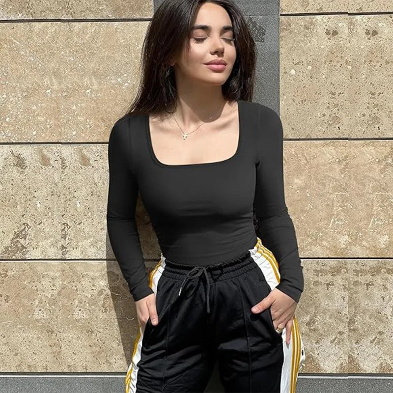 GUUDIA Spandex Elastic Body Suit Shapewear Women Body Shaper Tummy Control Long Sleeve Open Crotch Big U Neck Seamless Shapers