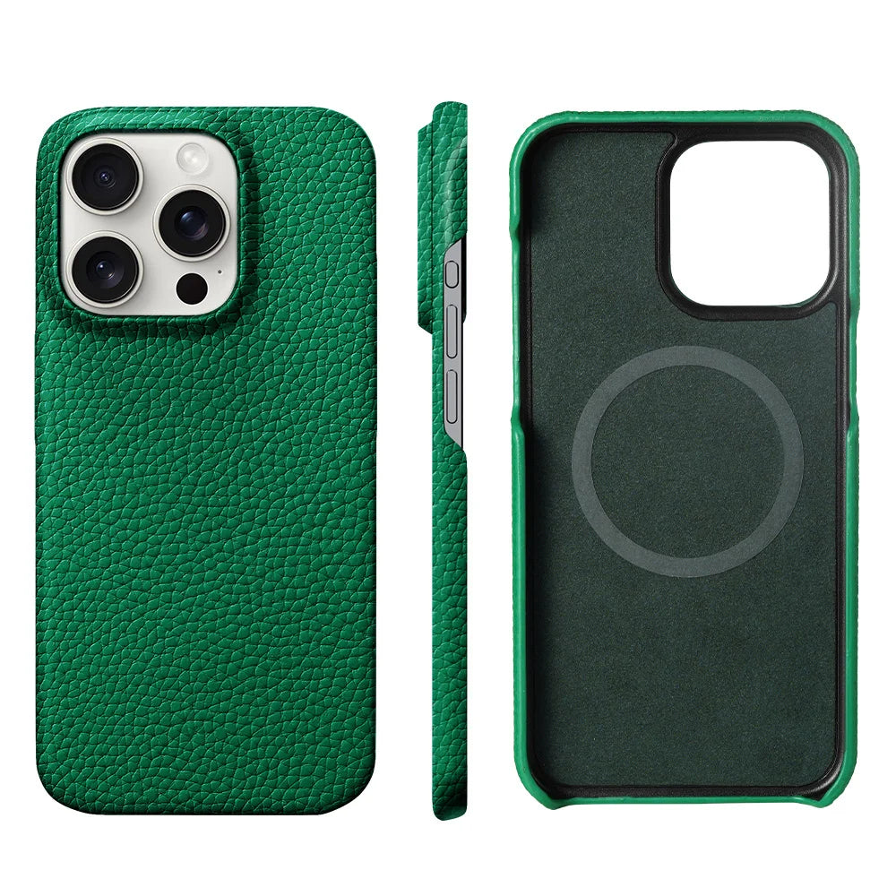 for Magsafe Case for iPhone 17 15 16 Pro Max Air 17Pro Natural Cowhide Lychee Leather Magnetic Protector Luxury Phone Back Cover
