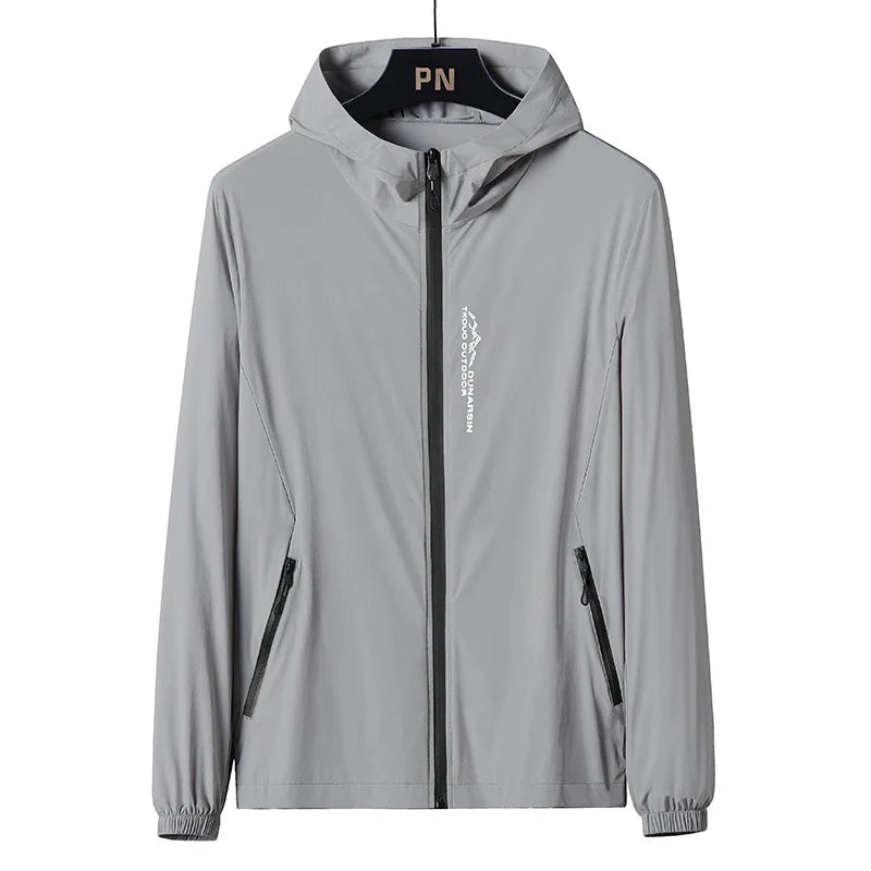 UPF50+ Men's Hooded Sunscreen Jacket Summer Ultra Thin Zipper Pocket Windbreaker Elastic Cuffs Outdoor Hiking Fishing Skin Coats