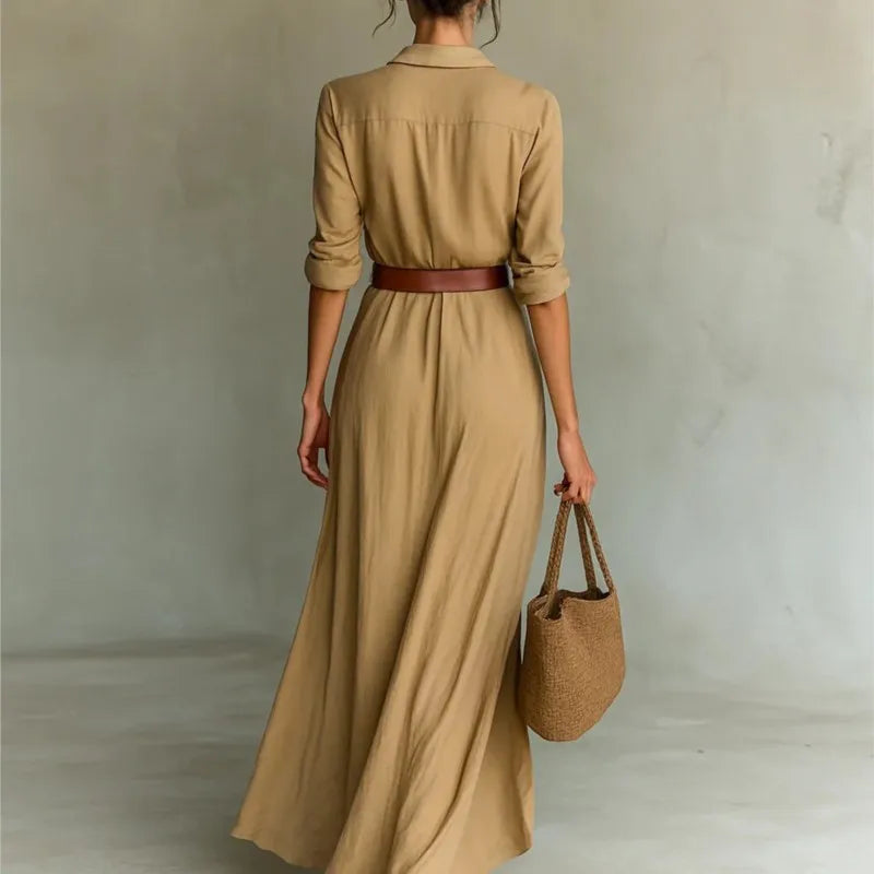 Women's Fashion Solid Holiday Party Dress Elegant Lapel Button Draped Long Dress Casual Long Sleeve Match With Belt Shirt Dress