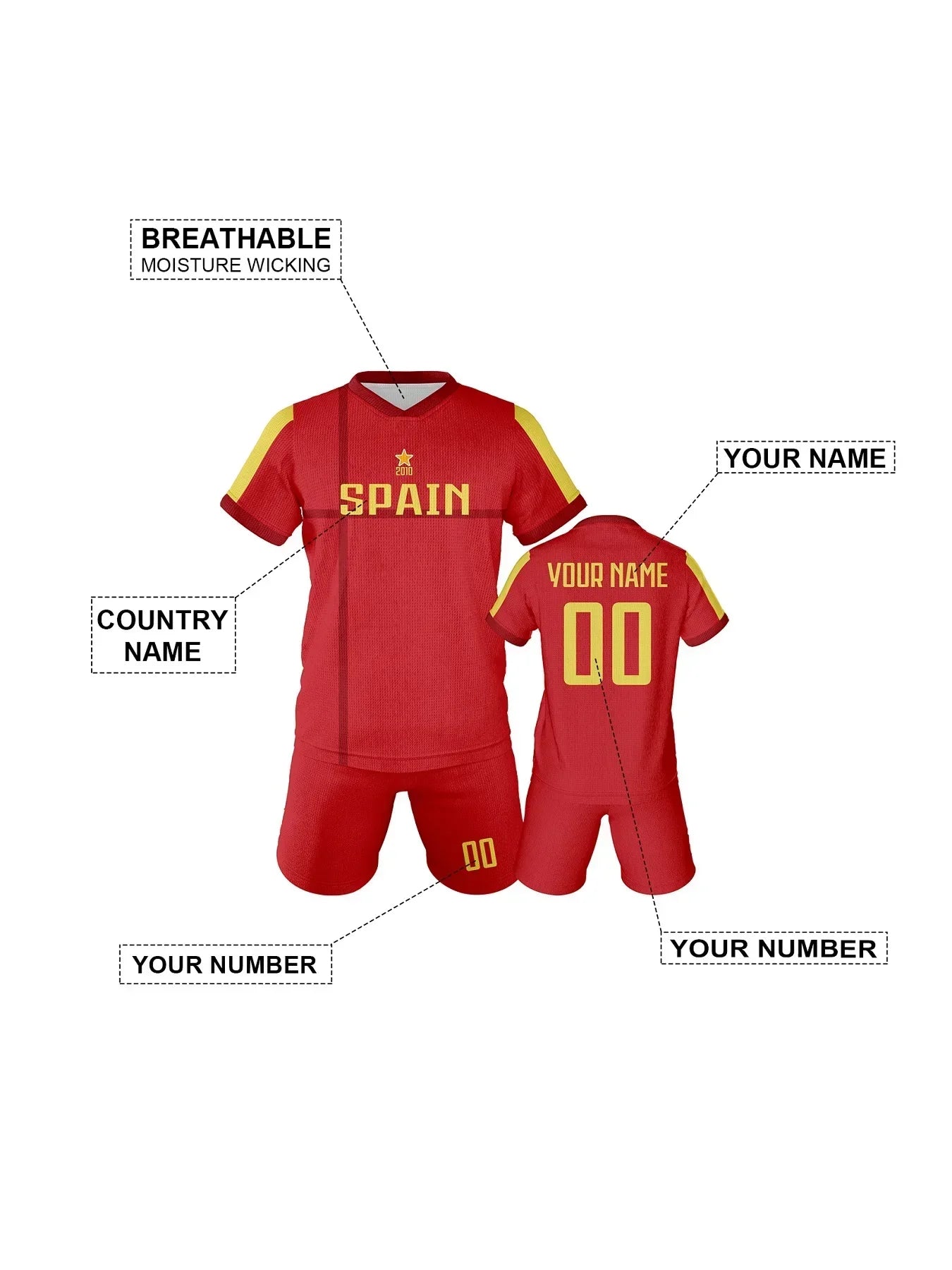 Spain Custom Soccer Jersey Sets Football Kit Kids Training Outfit Club Personalized Name Number Soccer Uniform for Boys ＆ Girls