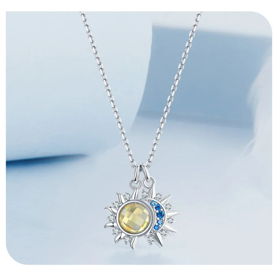925 Sterling Silver White Gold Plated Sun and Moon Necklace Energy Pendant Neck Chain for Women Party Fine Jewelry Gift