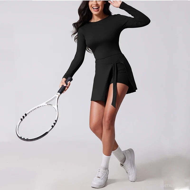 Womens High Neck Tennis Dress Long Sleeve Sarong Wrap Skirt Built in Shorts Golf Athletic Dress Workout Rompers