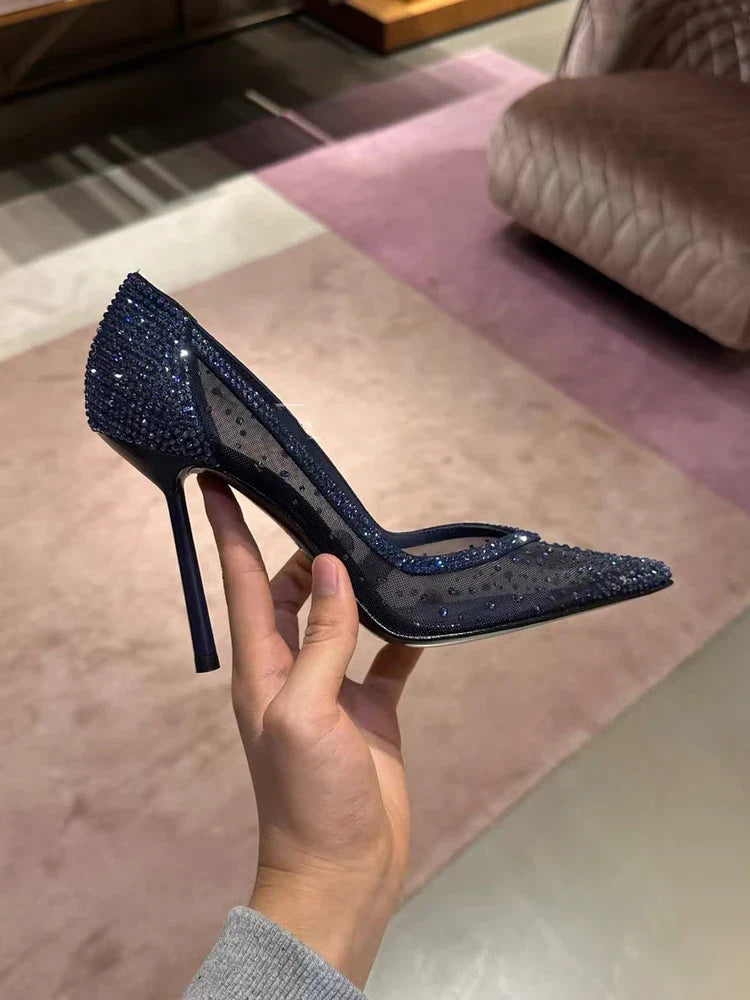 New mesh rhinestone pointed thin heel high heels for women, shallow mouth single shoes, sexy spicy sandals