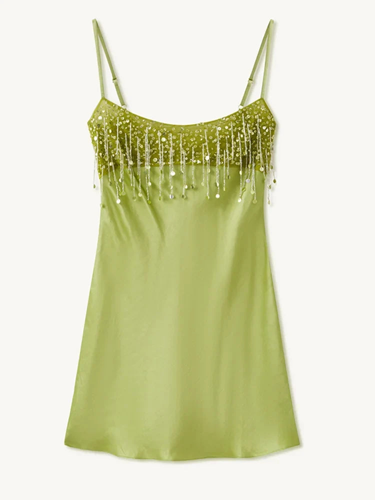 Chic High End Sequin Tassel Satin Dress Women's Elegant Straps Low Neck Mini Vistidos 2026 Stylish Back Zipper Beach Party Gown