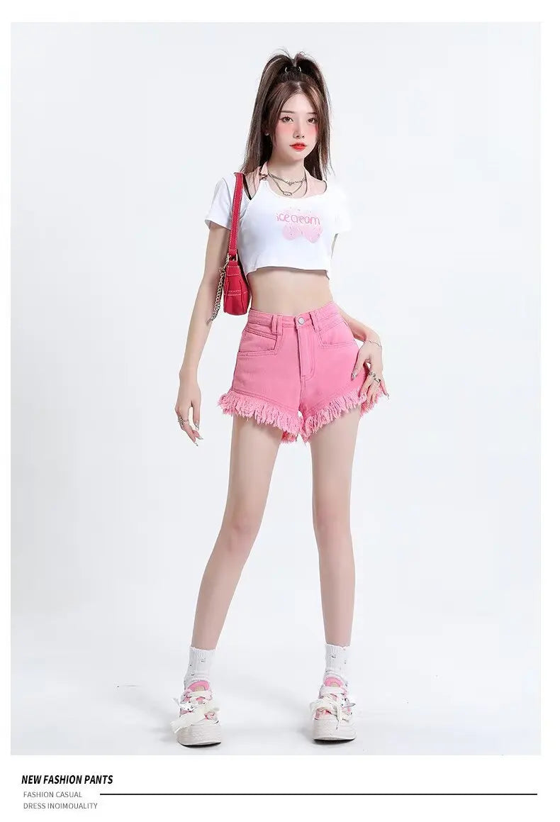 Women's Pear-shaped Friendly Denim Shorts 2026 Summer New High Waist Frayed Hem Casual Streetwear Wide Leg Hot Pants