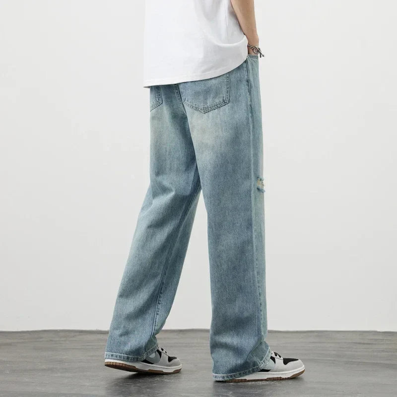 Korea Baggy Cargo Jeans Men Vintage Straight Ripped Y2k Pants Fashion Frayed High Street Distressed Denim Trousers Male Clothes