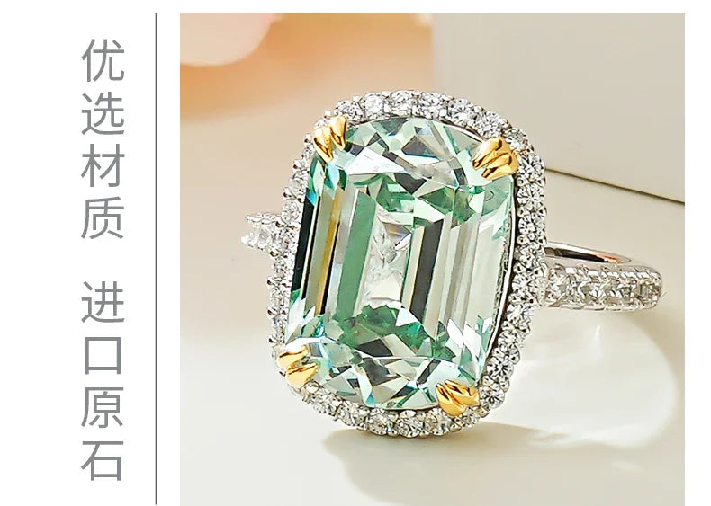 Luxurious light green tourmaline 925 sterling silver ring set with high carbon diamond temperament niche and versatile for women