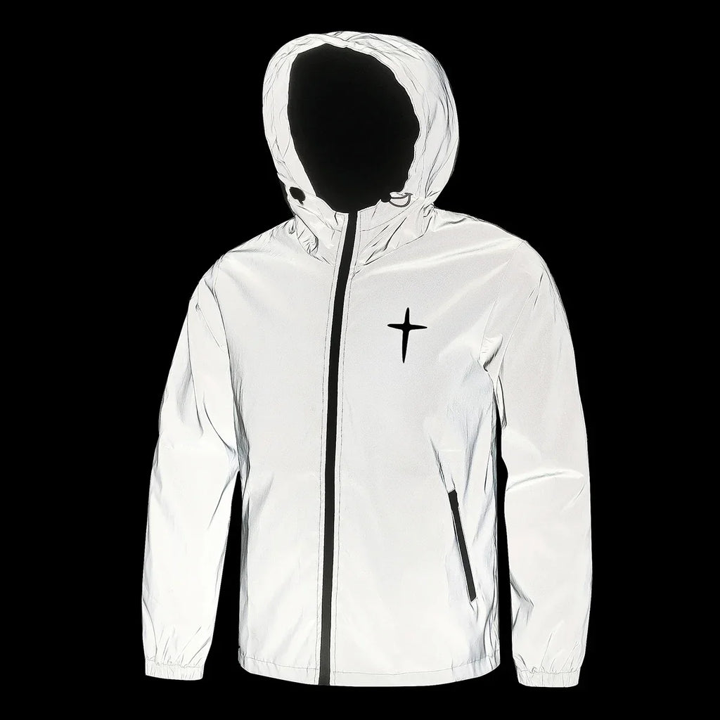 Men's Night Reflective Jacket Fashion Cross Printed Windproof Hooded Coats Streetwear Outdoor Cycling Jogger Safety Outerwear