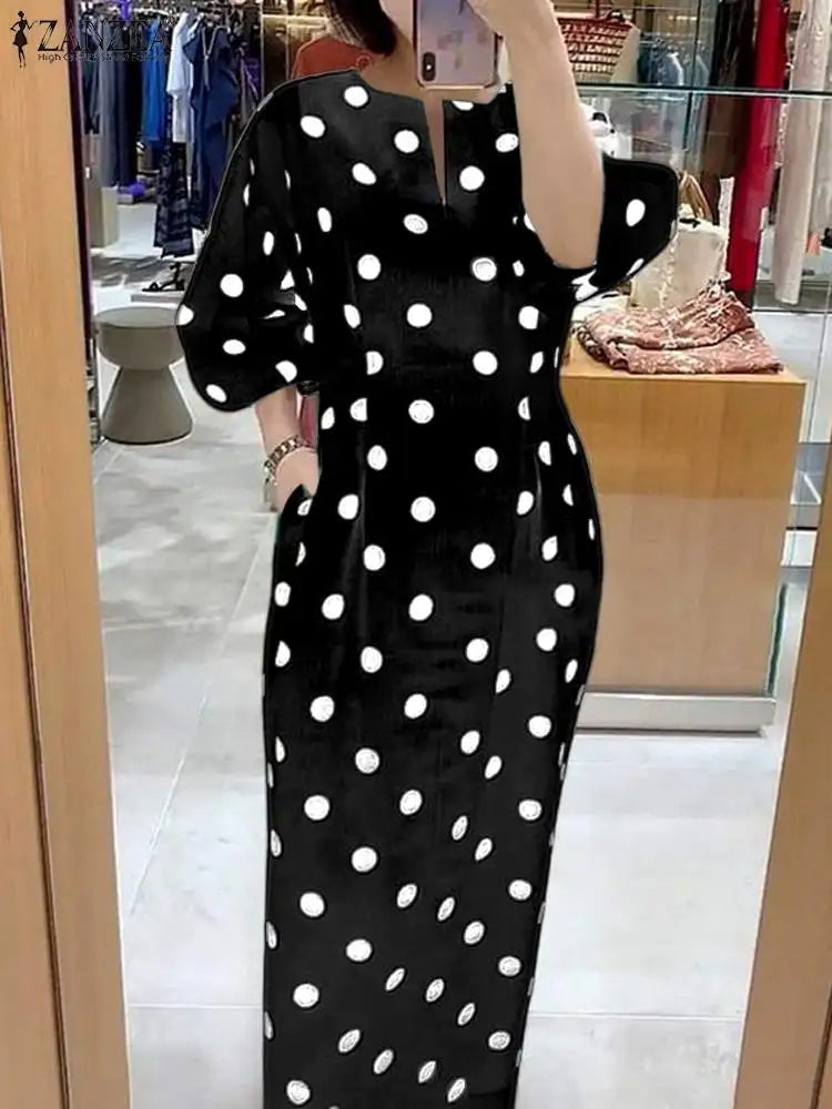 Elegant Women Dots Print Dress 2024 Summer Slim 3/4 Sleeve Vestidos Fashion V-Neck Party Midi Robe Office Pocket Dresses
