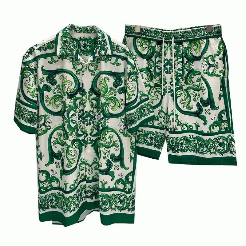 Summer 2025 Digital Print Casual Short Sleeve Mens Shirt Shorts Hawaiian Shirt Set Cross-Border Youth Fashion Male Model Clothes