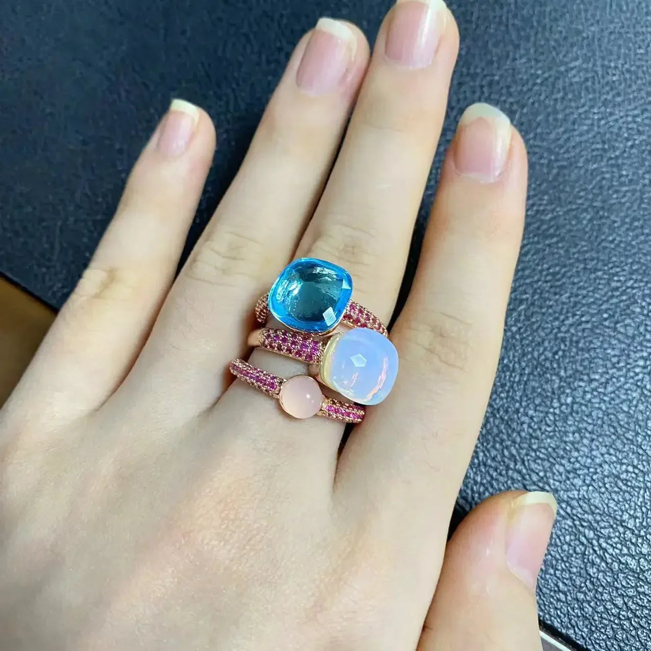 3Pcs/Set Nudo Ring Stacking Set for Women Mix Color Candy Crystal Inlay Zircon Amethyst Blue Topaz Round Jewelry Gift