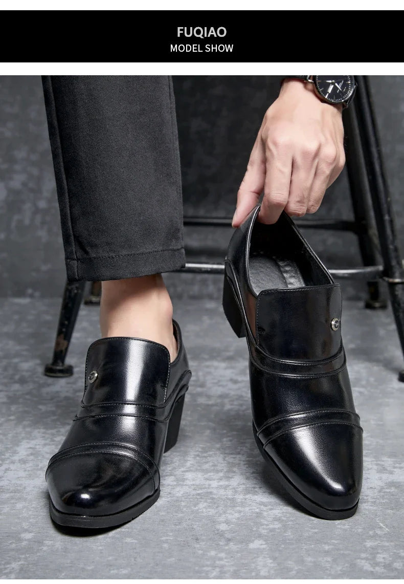 Men Business Formal Height Increasing Leather Shoes Classic Retro Elevated Loafers Lift Dress Shoes for Wedding Banquet Office