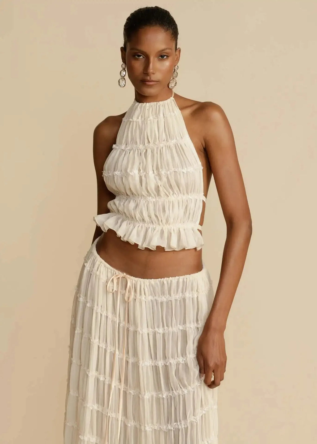 Fashion Halter Neck Long Skirt Suit Women Backless Sling Top Lace Up Fold Maxi Skirts New Summer Female 2 Piece Set Outfits