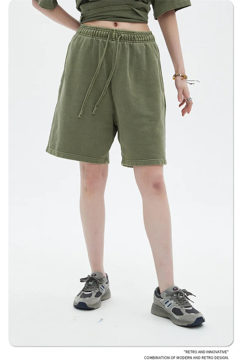 Fashion Summer Men 420gsm Washed Cotton Shorts Retro Unisex High Street Terry Knee Length Short Pants Streetwears HY0845