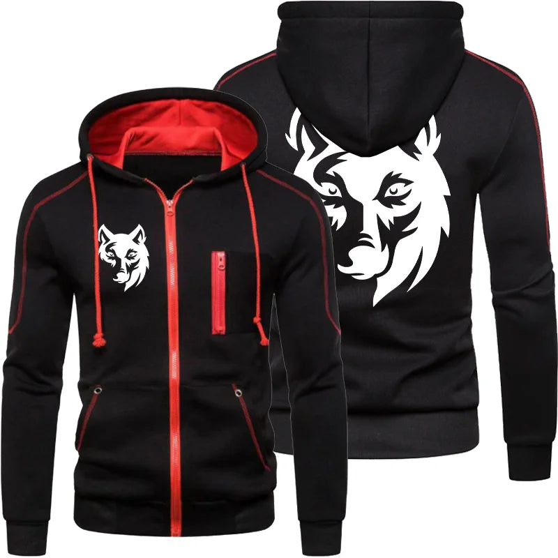 Men's Sweatshirt Long Sleeve Jacket Hoodie Zipper Closure Jacket Men's Hoodie Funny Wolf Printed Fall and Winter Jacket