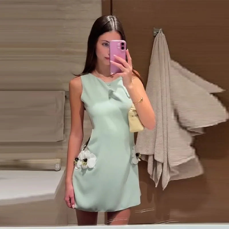 Women's Round Neck Solid Sleeveless Dress Sexy Waist Side Cut-outs Slim Mini Skirt Female New Date Commuter Party Clothes