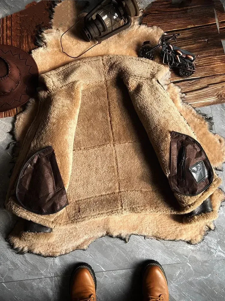 New Fashion 2024 Men's Winter Coat Genuine Leather Natural Sheepskin Shearling Jacket Thick Wool Liner Brown Plus Size XXXXXXL
