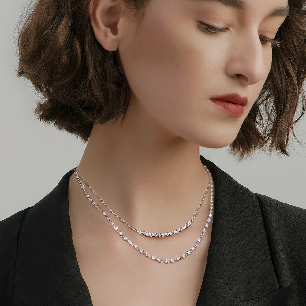 Certified 3mm Round Bezel Moissanite Tennis Necklace for Women 925 Sterling Silver Plated 18k Gold D Color Diamond Neckchain