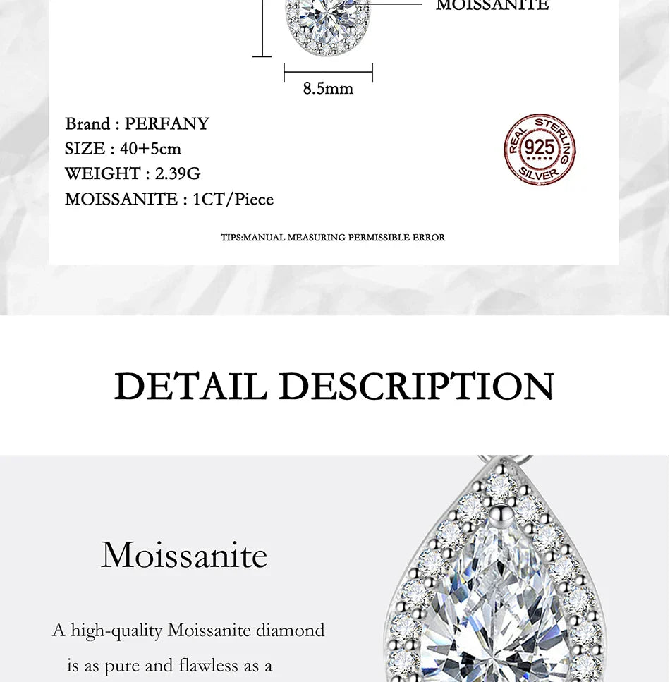 1CT Pear Cut Moissanite Necklace for Women S925 Pure Silver Sparkling Diamond Pendant Luxury Jewelry Party Gift