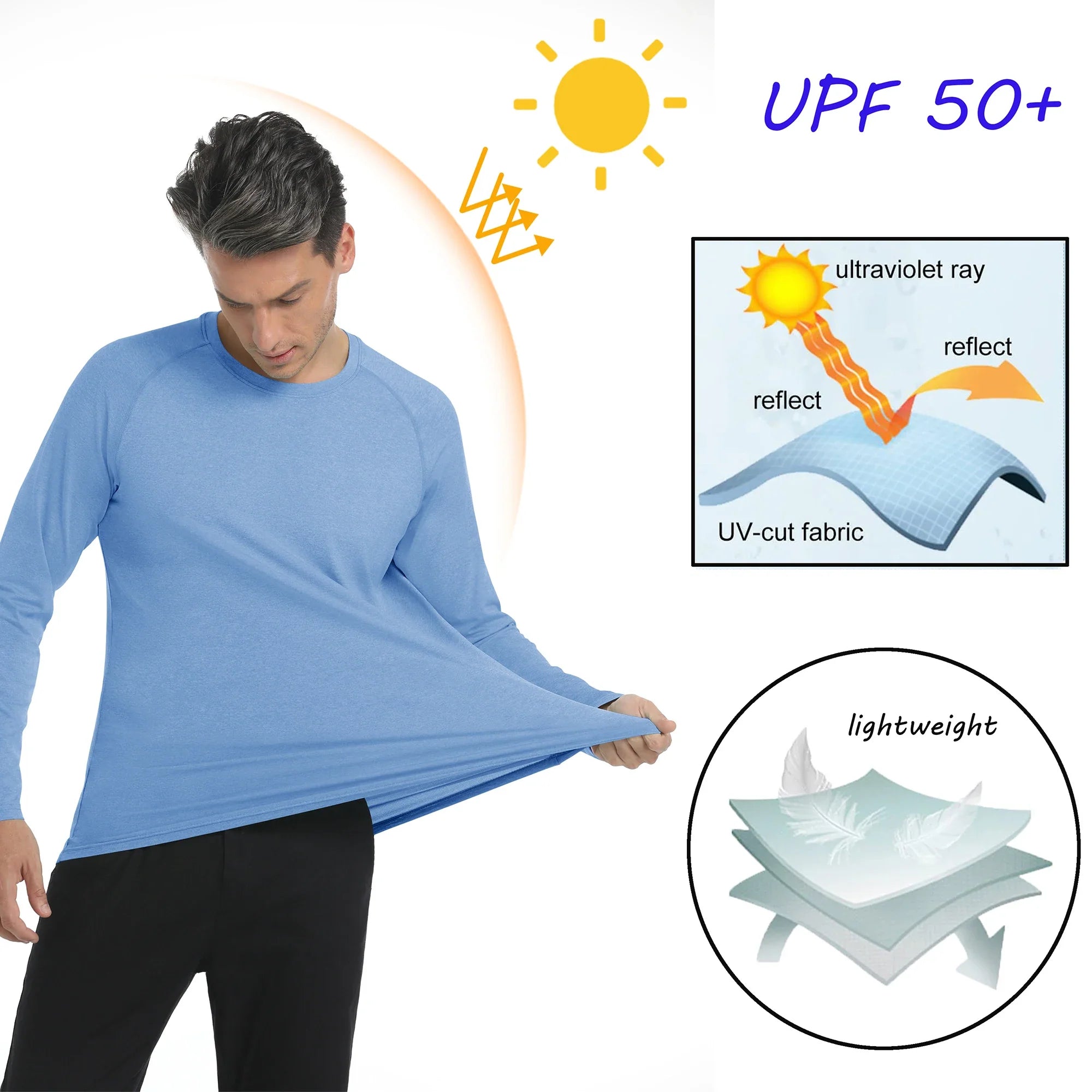 Men's UPF 50+ Shirts Summer Long Sleeve Lightweight T-Shirt Quick Dry Breathable Shirt Outdoor Sport Gym Running Tops