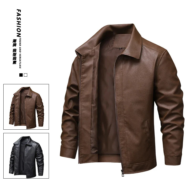 2025 new spring and autumn men's turn-down collar leather jacket men casual coat men's top windproof Loose fit trendy jacket