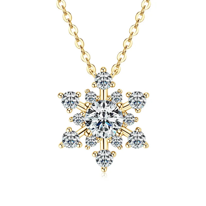 Round Cut Moissanite Snowflake Pendant Necklaces for Women Solid 925 Sterling Silver Chains Wedding Jewelry Gift Collar