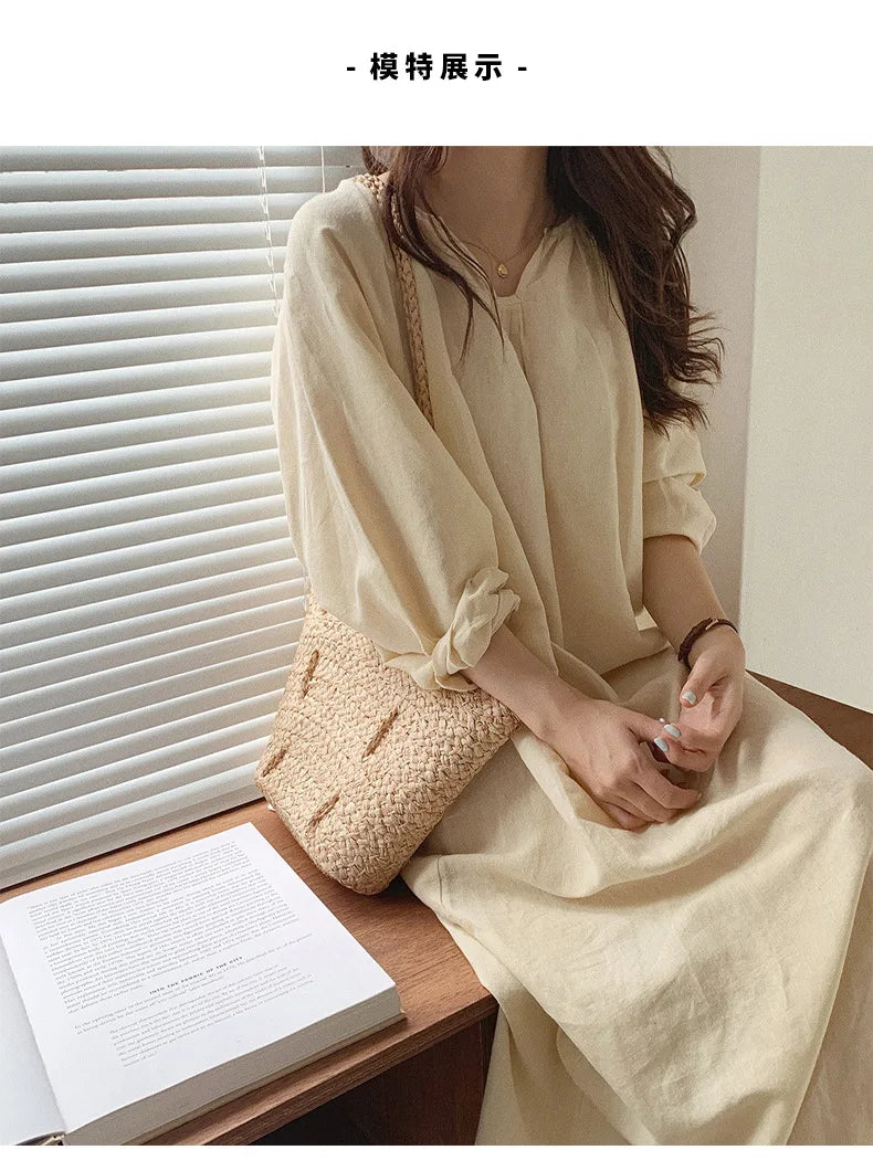 Vintage 100% Cotton Women Dress V Neck Long Sleeve Korean Jananse Pajama Dresses Ladies Comfortable Homewear Wearable Outside