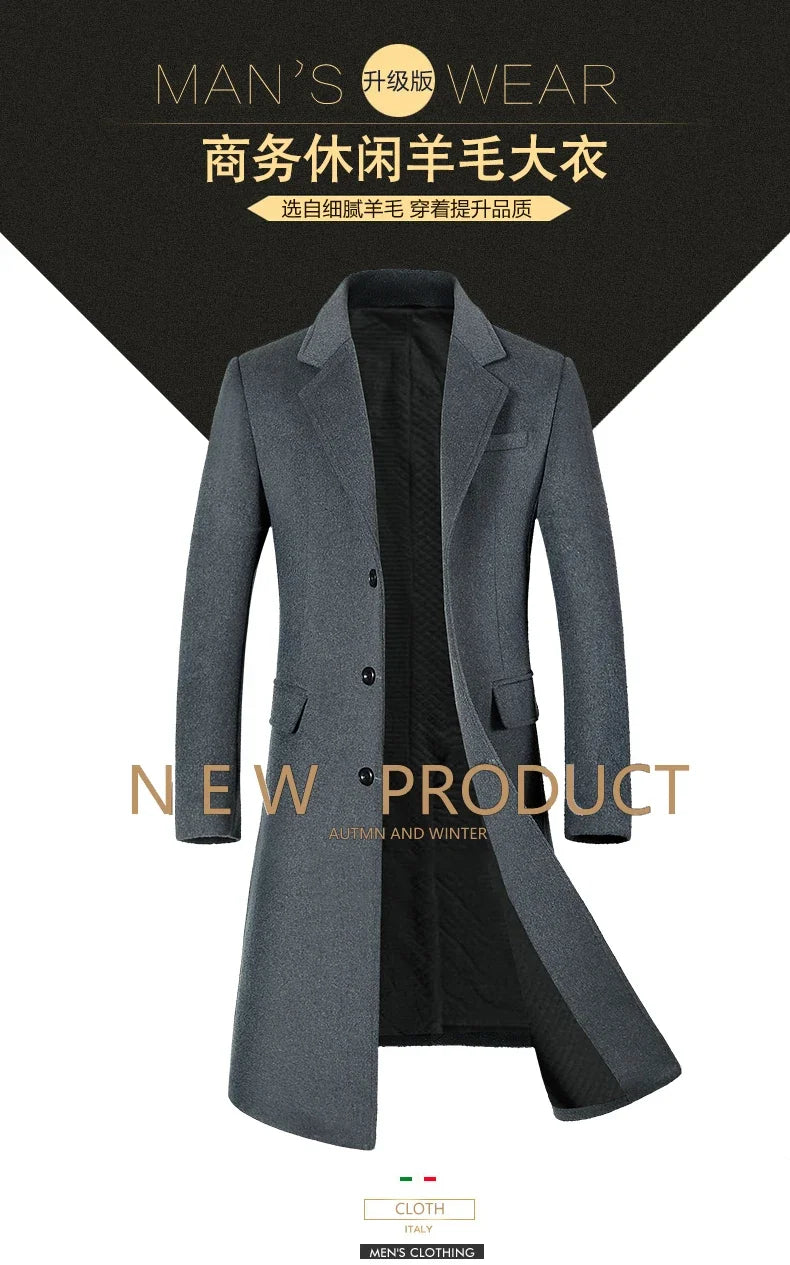 Men's High-Quality Autumn Winter Wool Coat Long Fashion Trench Coat Over-the-Knee Thick Cotton M-4XL