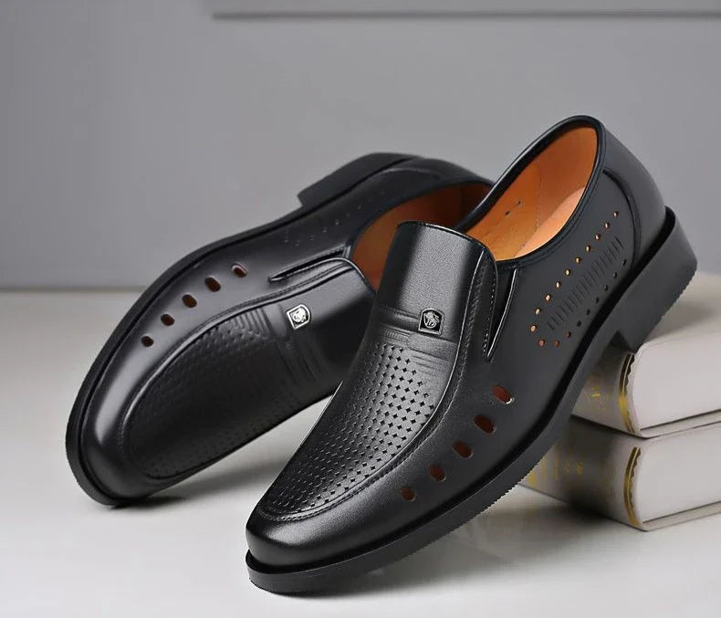 Hollow Breathable in Summer Round Toe Dress Shoes Man Soft Leather Casual Footwear 2025 Style Gentleman New Social Shoe for Men