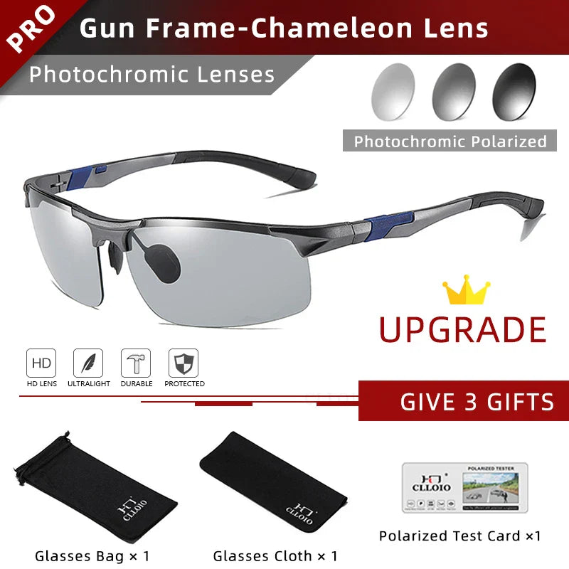 CLLOIO Aluminum Photochromic Sunglasses Men Polarized Day Night Driving Chameleon Glasses Anti-Glare Change Color Sun Glasses UV