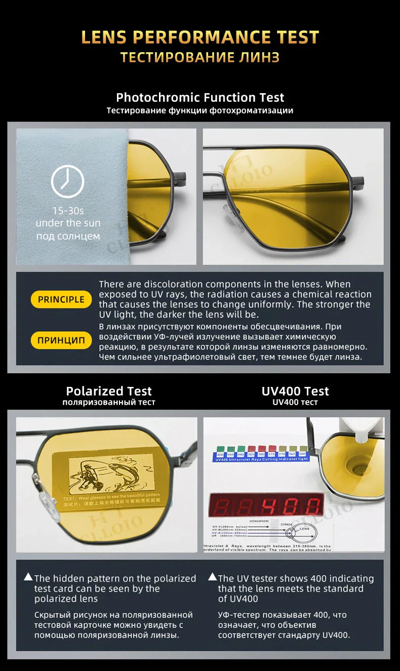 CLLOIO Anti-glare Day Night Vision Glasses Men Women Polarized Driving Sun Glasses Square Aluminum Photochromic Sunglasses UV400