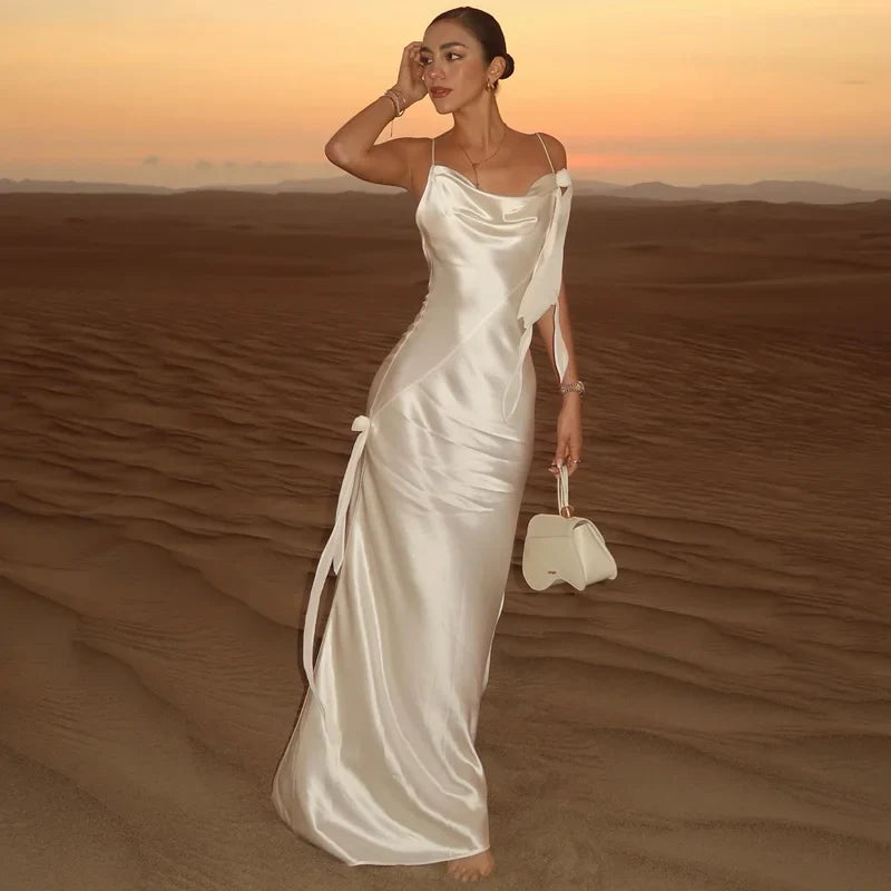 Elegant 3d Flowers Backless Dress Women Bodycon Swing Collar Sleeveless White Sling Maxi Robe 2025 Summer Lady Evevning Vestidos