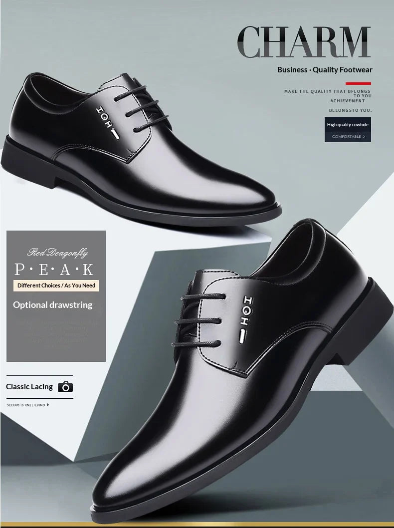 Men Height Increasing Shoes 6cm Inner Lift Black Formal Dress Shoes Lace Up Business Casual Elevator Shoes for Wedding Banquet