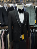Charming Black Beaded Luxurious Men's Suit Customized Celebrity Popular Groom Wear Decent Jacket Vest Pants Date Set Hot Sale