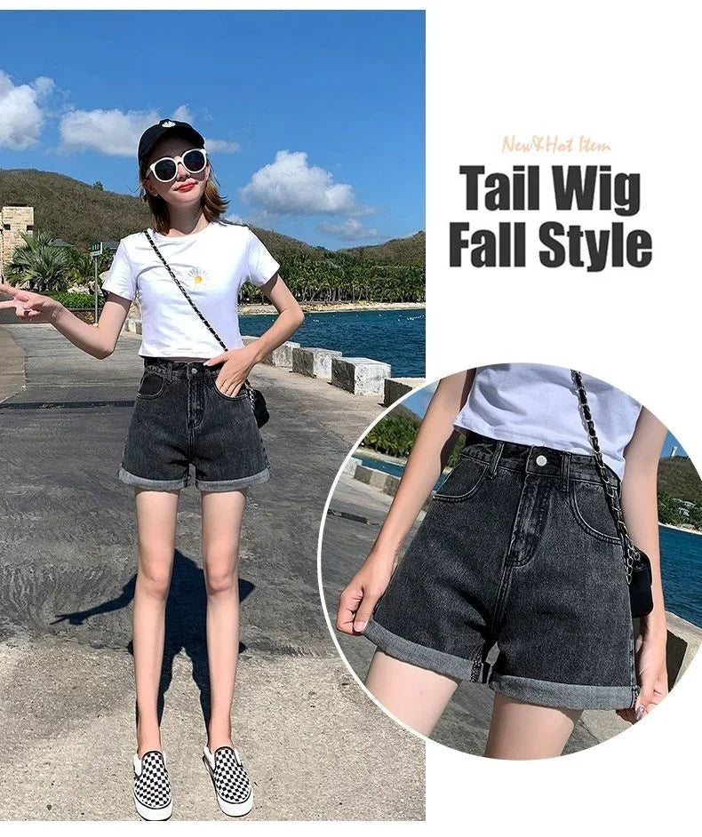 Summer Thin Style Korean Version High Waist Slimming Denim Shorts for Women Loose Line Outer Wear Rolled Edge Wide Leg Hot Pants