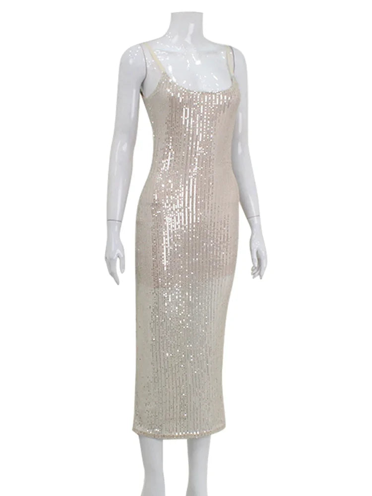 Elegant Sequins Sexy Club Women Dresses Sleeveless Party Spaghetti Strap Streetwear Sheath Fashion Bodycon Slim Female