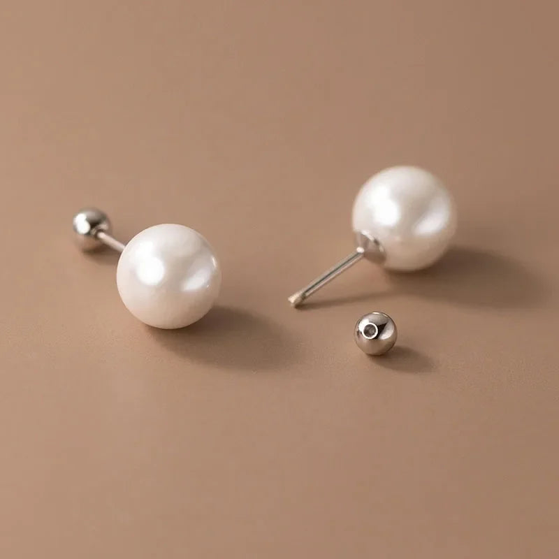 Real 925 Sterling Silver Geometric Round Bead 6/8/10/12mm Pearl Stud Earrings For Women TRENDY Fine Jewelry Accessories