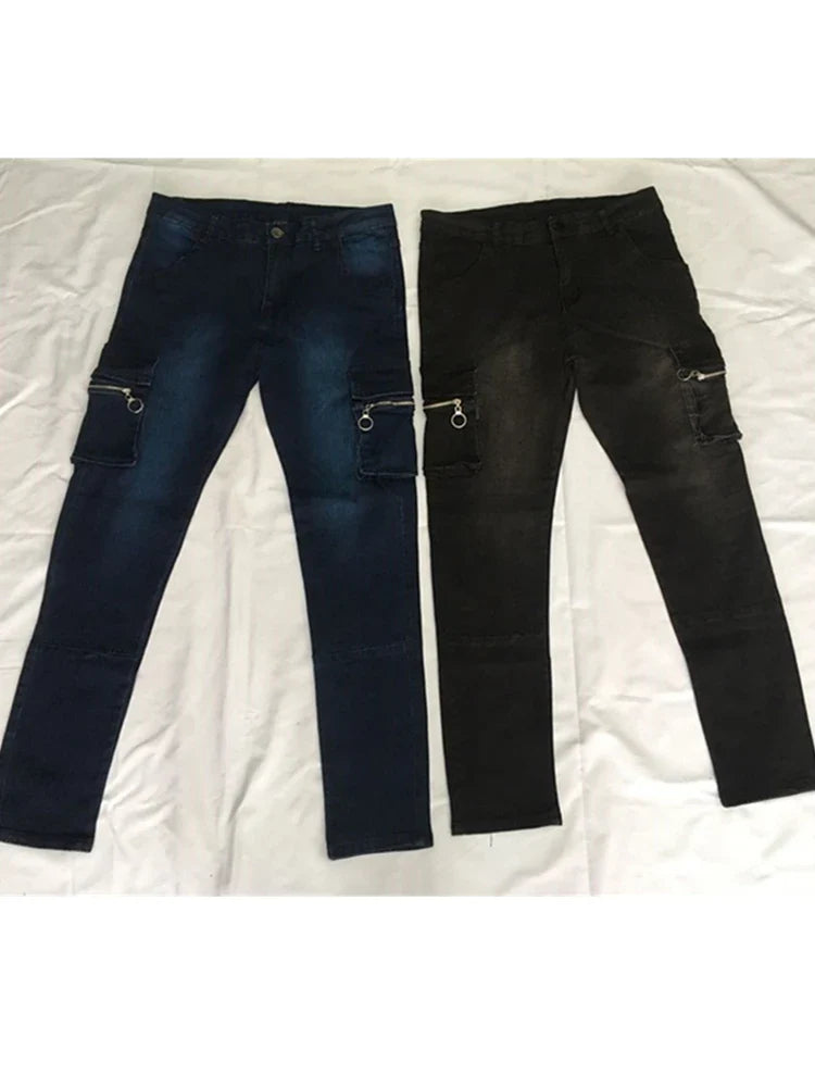 Jeans Men Denim Cargo Pants Wash Solid Color Multi Pockets Casual Mid Waist Trousers Street Elasti Slim Fit Daily Wear Joggers