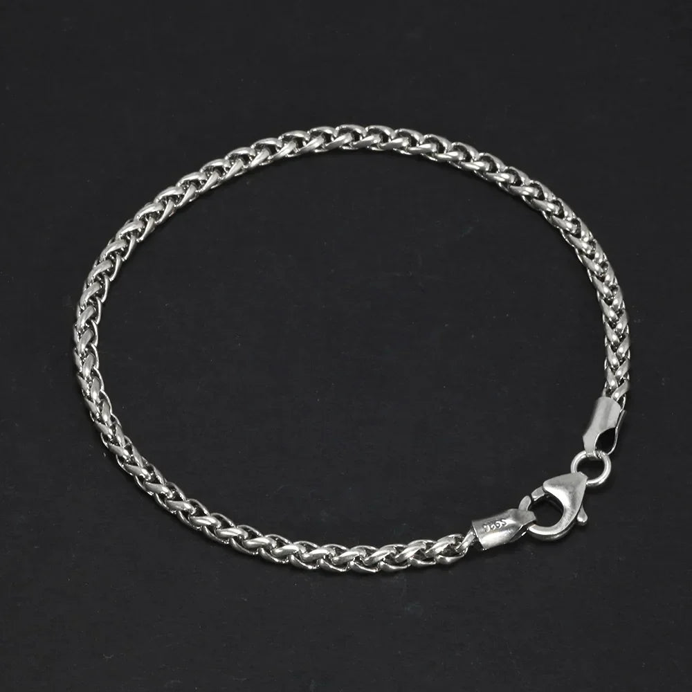 925 Sterling Silver 3mm Braided Wheat Chain Bracelet 17-21cm Simple Retro Minimalism Jewelry For Men and Women