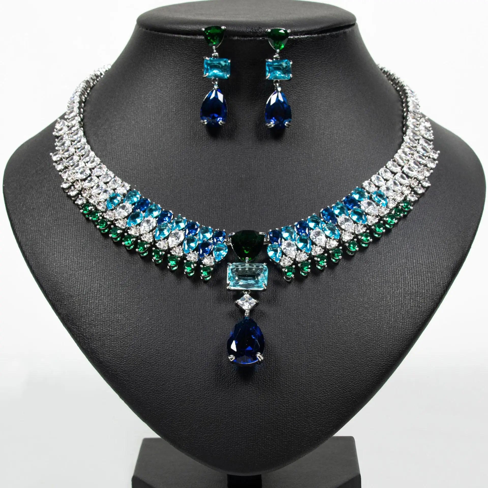 Luxury Multi-colour Jewellery Teardrop Zirconia Women's Summer Necklace Earrings Accessory Set Party Prom Dinner Festivals M-355